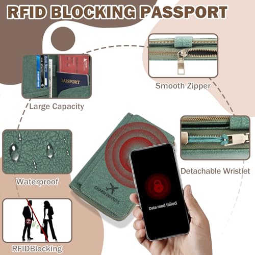 RFID 차단 여권 지갑, 도난 방지 PU 가죽 여권 파우치, 트래커 케이스 포함, 손목 스트랩이 있는 여행 문서 오거나이저 지퍼 지갑, 여성 및 남성용 선물, 텍스처-그린, 패션 - color: 텍스처-그린