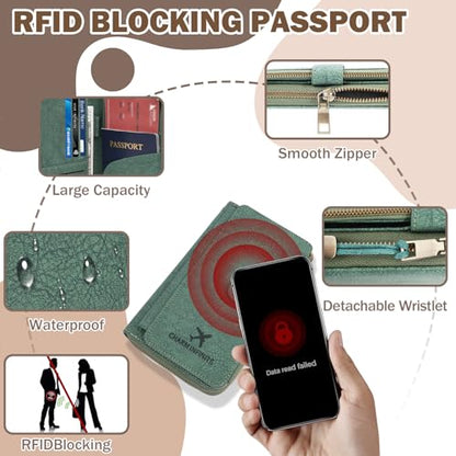 RFID 차단 여권 지갑, 도난 방지 PU 가죽 여권 파우치, 트래커 케이스 포함, 손목 스트랩이 있는 여행 문서 오거나이저 지퍼 지갑, 여성 및 남성용 선물, 텍스처-그린, 패션 - color: 텍스처-그린