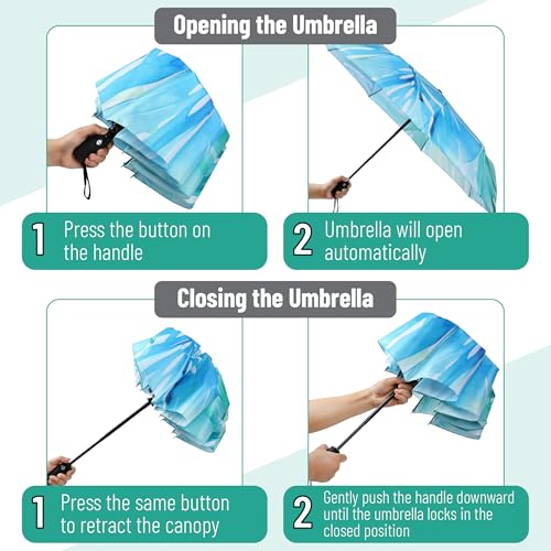 Mr. Pen- Windproof Travel Umbrella, Small Water-Resistant Automatic Folding Umbrella for Rain and Sun, Light, Compact and Portable for Women & Men, Fits Car & Backpack - color: Blue Monstera
