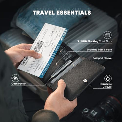 VULKIT Passport Holder Magnetic Closure RFID Blocking Travel Wallet Passport Book Cover Boarding Pass Holder Travel Essentials - color: Grain Black