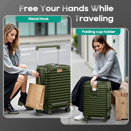 Joyway 20 Inch Carry on Luggage with Front Pocket and Cup Holder, Green - color: Green