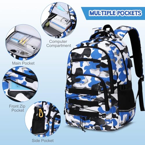 ACESAK 3PCS Camo Backpack for Boys with Lunch Box Pencil Case - color: Blue White