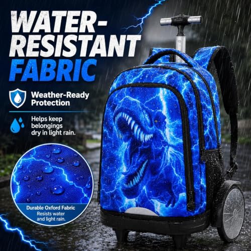 3Pcs Large Rolling Backpack for Boys, 20 Inch Detachable Wheeled Bookbag with Lunch Box, Durable Lightning Dinosaur Roller Backpack for Elementary Middle School (Blue) - color: Large Wheels Dinosaur Blue
