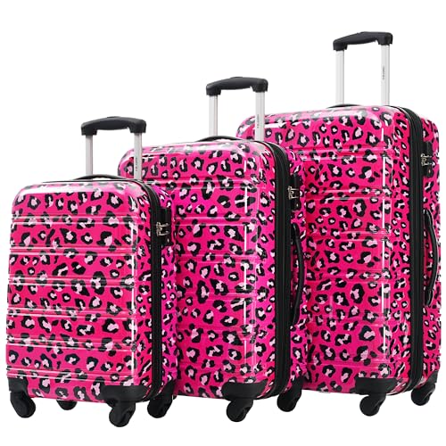 Merax Suitcase Set, Hardshell Luggage Sets 3 Piece with Spinner Wheels - color: Hot Pink Leopard