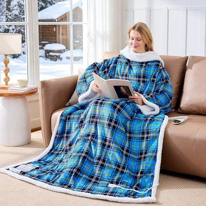 Wearable Heated Blanket with Foot Pocket &Sleeves, Electric Heated Robe - color: Blue Plaid, size: Long