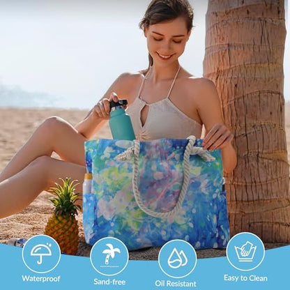Clothirily Beach Bag for Women, Large Beach Tote Bag Waterproof with Zipper - color: Tie Dye Blue