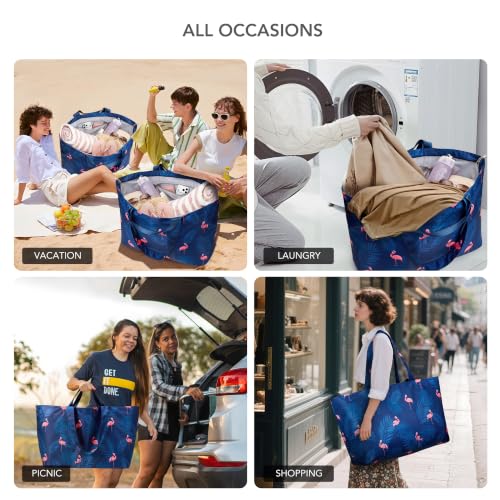 KALIDI 60L Extra Large Beach Tote Oversized Bag Zipper Utility Weekender - color: Blue Flamingo