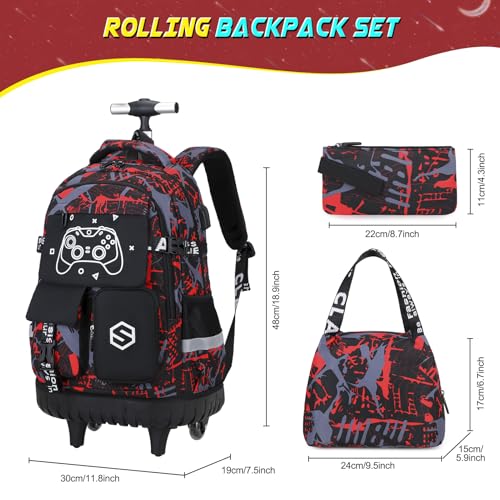 Scothen Cool Luminous Rolling Backpack for Boys with Lunch Bag Pencil Pouch - color: Red