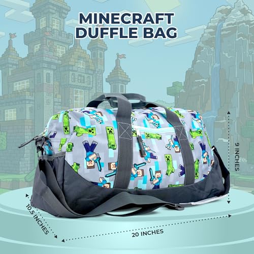 Minecraft Duffle Bag, 16 inch Travel Sleepover Weekender Bag for Girls & Boys, Green/Gray - color: Grey
