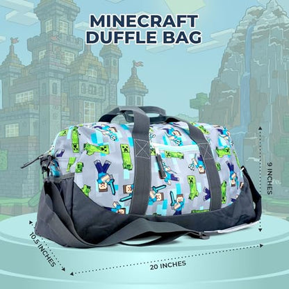 Minecraft Duffle Bag, 16 inch Travel Sleepover Weekender Bag for Girls & Boys, Green/Gray - color: Grey