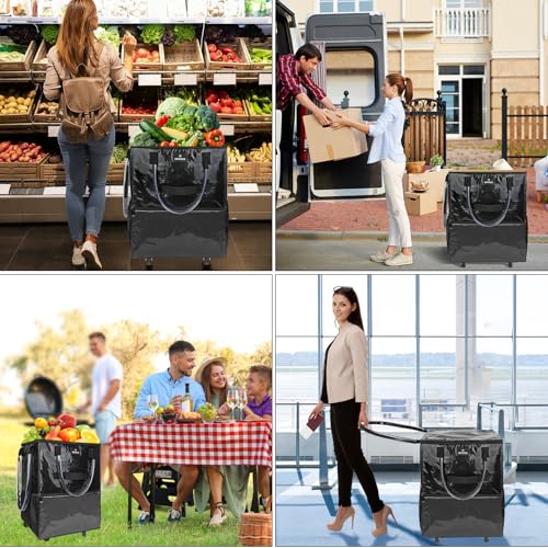 Reusable Grocery Bag On Wheels, 70L Foldable Rolling Tote with 6 Pockets - color: Black, size: Medium