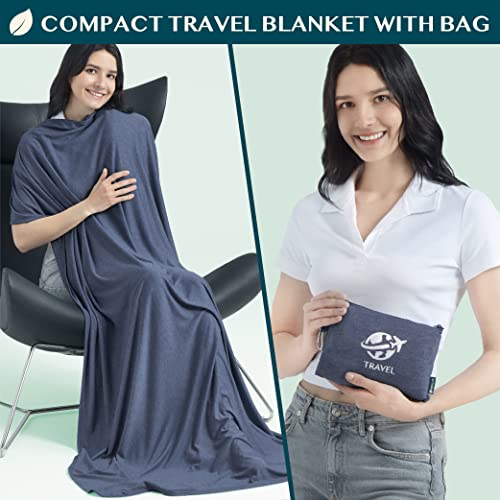 PAVILIA Travel Blanket Airplane Compact Pillow with Bag for Flights, Navy - color: Navy