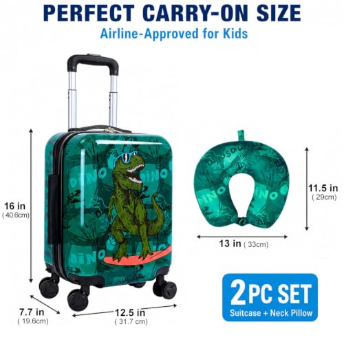 2PC Kids Luggage Set, Boys Carry on Suitcase with Skater Dinosaur Design - color: Blue Cool Dinosaur 2PCS Luggage Set