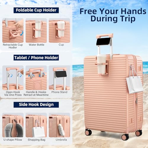HanTrip 28 Inch Top Opening Hard Case Checked Luggage with Wheels, Pink - color: Pink, size: Expandable 28 Inch