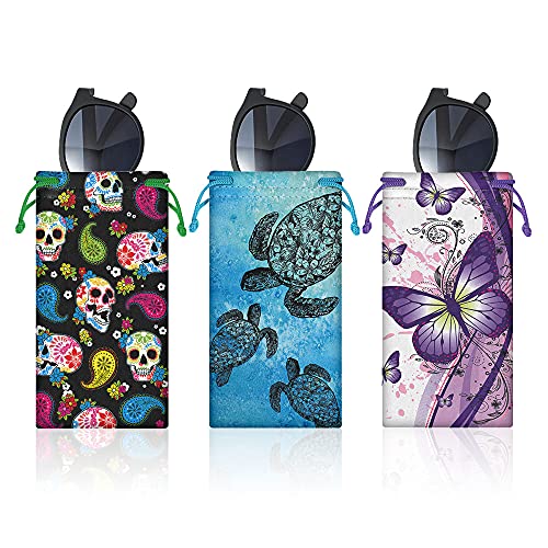 WIRESTER Set of 3 Polyester Sunglasses Pouch, Eyeglasses Soft Case with Drawstring Closure - color: Butterfly, Sea Turtles, Skulls