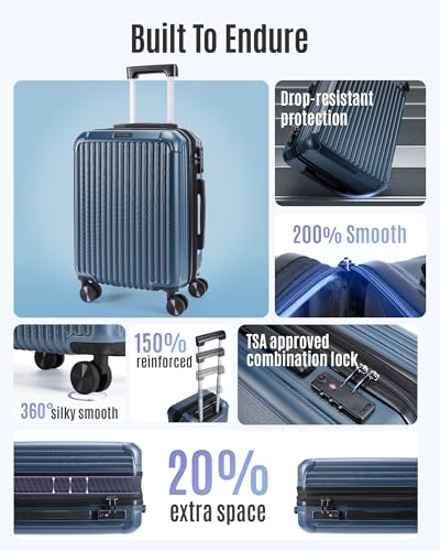 LIGHT FLIGHT 20 Inch Carry On Luggage 22x14x9 Airline Approved, Royal Blue | Durable ABS hardshell suitcase with TSA lock, 20% expandable capacity from 35L to 42L, silent 360 spinner wheels - color: Royal Blue, size: Carry-On - 20"