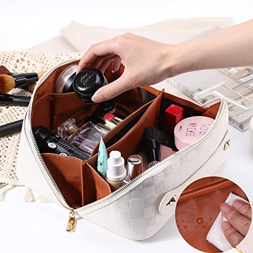 Cessfle Large Capacity Travel Cosmetic Bag Plaid Checkered Makeup Bag Portable Leather Waterproof Skincare Bag with Handle and Divider for Women 01-White - color: 01-White