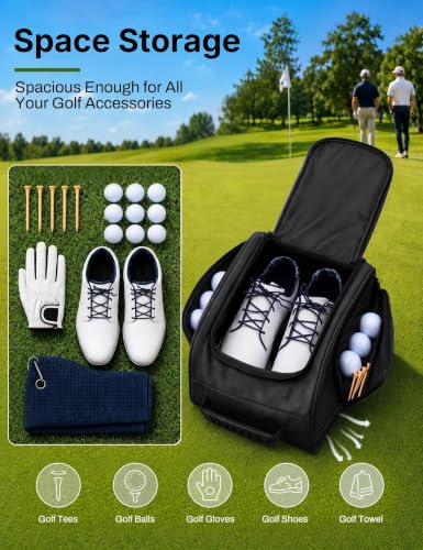 Ventilated Golf Shoe Bag with 2 Zip Side Pockets, Black - color: Black