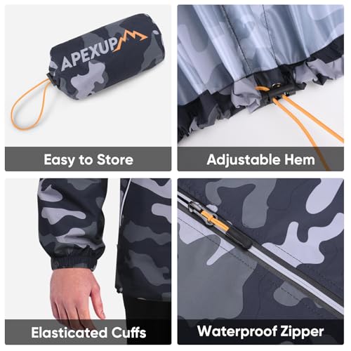 APEXUP Packable Rain Jacket Men Waterproof Lightweight Raincoat with Hood - color: Camo, size: Medium