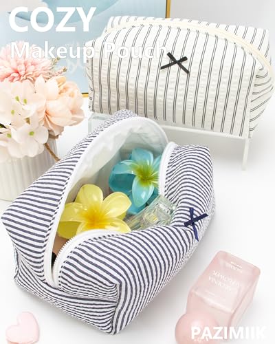 PAZIMIIK Cozy Makeup Bag for Women,Zipper Cosmetic Pouch,Stripe Navy Blue - color: Stripe Navy Blue