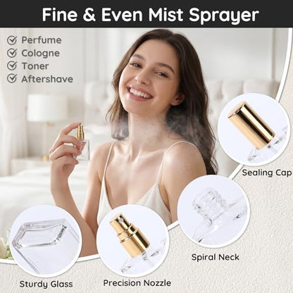 Segbeauty 0.5oz 20pcs Bulk Glass Spray Bottles for Travel, Golden Silver Cap Perfume Refiilable Bottles Empty, 15ml Fine Mist Travel Cologne Atomizer Fragrance Bottle, Mini Portable Liquid Sprayer - color: Clear-Golden+Silver, style: 0.5oz 20pcs