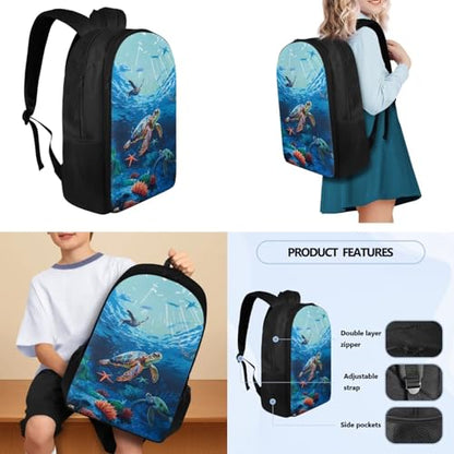 Sea Turtle 4 in 1 Unisex Kids School Backpack Set with Insulated Lunch Bag, Pencil Case, Water Bottle Holder, 17.3 Inch Backpack for Teens and Kids - color: Sea Turtle