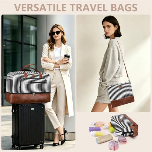 Large Women Travel Weekender Bag: Carry on Duffle with Shoe Compartment - color: 02 Black Striped