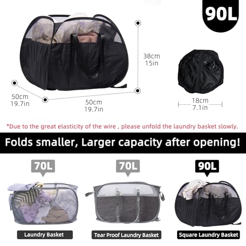 Collapsible Laundry Basket, 90L Tear Proof Mesh Pop-up Hamper - color: Black, size: Square-Tear Proof，1 Pack