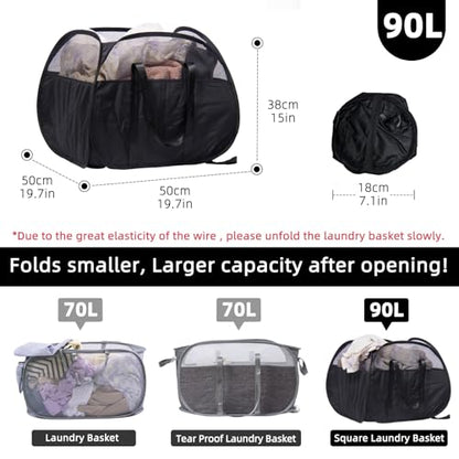 Collapsible Laundry Basket, 90L Tear Proof Mesh Pop-up Hamper - color: Black, size: Square-Tear Proof，1 Pack