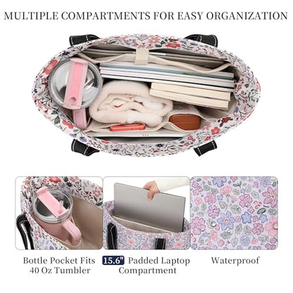 Tote Bag for Women with LaptopCompartment & Cup Holder - color: Delicate Fleur