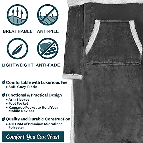 PAVILIA Sherpa Blanket with Sleeves, Foot Pockets for Women Men, Dark Gray - color: Charcoal, size: Sherpa