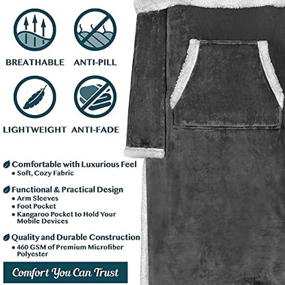 PAVILIA Sherpa Blanket with Sleeves, Foot Pockets for Women Men, Dark Gray - color: Charcoal, size: Sherpa