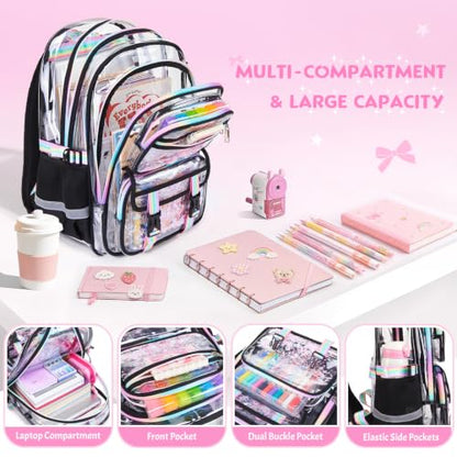 3PCS Glitter Clear Backpack for Girls with Lunch Box & Pencil Pouch(Black) | Kid Transparent Bookbag with Lunch Bag, Heavy Duty PVC See Through, School Stadium Events Approved for ELementary Preschool - color: Black Bow