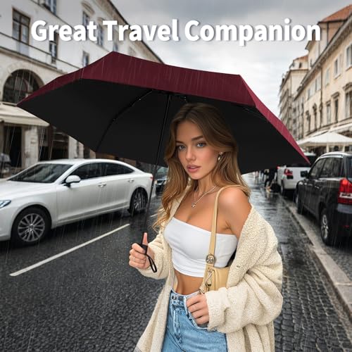 Yoobure Mini Travel Umbrella with Case, Compact Folding Umbrella - color: Burgundy Red