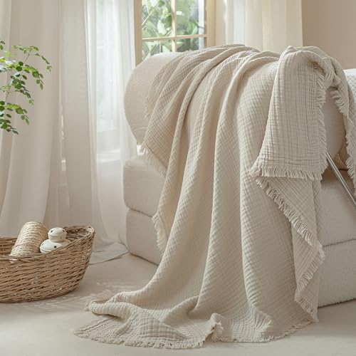 Muslin Fringe Blankets for Adults: 100% Cotton Cloud Soft Super King - color: Beige, size: Super King (108" × 98")