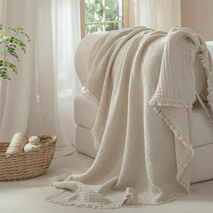 Muslin Fringe Blankets for Adults: 100% Cotton Cloud Soft King - color: Beige, size: King (104" × 90")