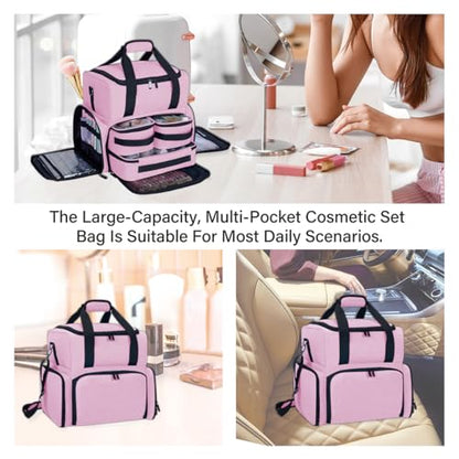 Large Makeup Bag with 3 Removable Case and 2 Removable Dividers,Pink - color: Pink