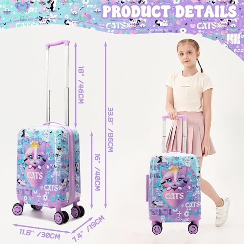 Kids Suitcase Set for Girls Hardside Luggage with Spinner Wheels 5 Piece 16inch Toddler Suitcase for Girls Travel Carry on Luggage Airline Approved - color: A Cat Purple