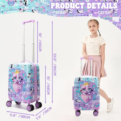 Kids Suitcase Set for Girls Hardside Luggage with Spinner Wheels 5 Piece 16inch Toddler Suitcase for Girls Travel Carry on Luggage Airline Approved - color: A Cat Purple
