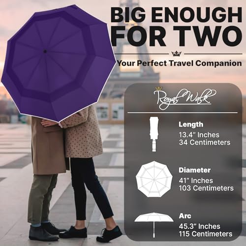 Royal Walk Compact Travel Umbrella for Rain, Windproof, Small & Portable - color: Purple