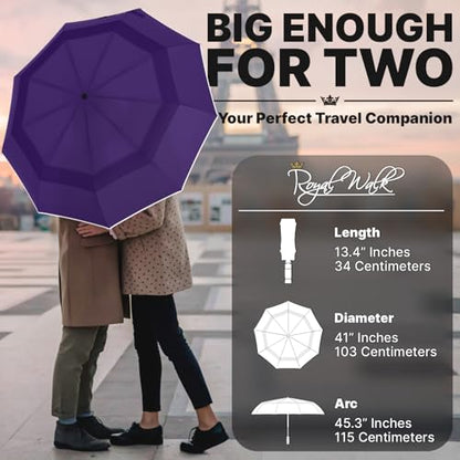 Royal Walk Compact Travel Umbrella for Rain, Windproof, Small & Portable - color: Purple