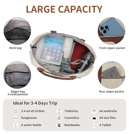 Oeihuivt Weekender Bags for Women - 21 Inch Large Travel Duffel Bag 3-Piece Set with Shoe Compartment, Heavy-Duty Canvas & Leather Carry On Overnight Tote (Airplane Approved) - color: Brown-Beige-A