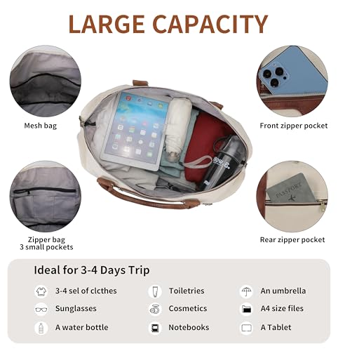 Oeihuivt Weekender Bags for Women - 21 Inch Large Travel Duffel Bag 3-Piece Set with Shoe Compartment, Heavy-Duty Canvas & Leather Carry On Overnight Tote (Airplane Approved) - color: Brown-Beige-A