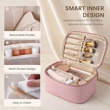 Prite 2 Pcs Makeup Bag Set Travel Cosmetic Case with Clear Toiletry Bag | Jewelry Organizer, Dual-Layer, Waterproof, for Women, Vegan Leather, Elastic Pocket, Zipper Pocket, Adjustable Divider - color: Pink
