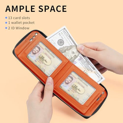 Men’s RFID Blocking Zipper Large Dimensions Wallet with 2 ID Windows - Large Capacity Design, 13 Credit Card Slots - color: Orange