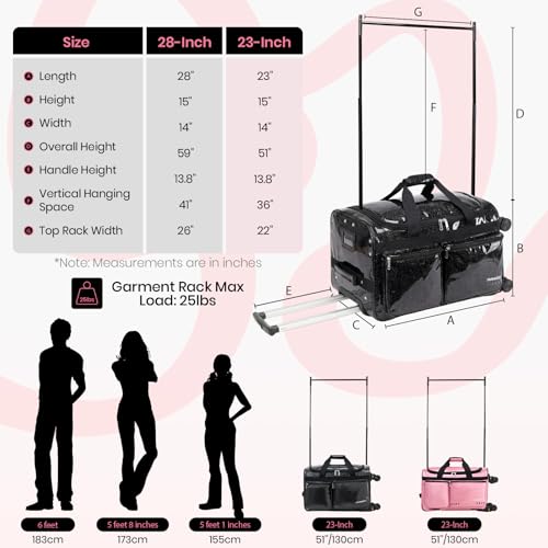 Fanwoli 23" Rolling Dance Bag with Garment Rack, 4-Wheel Competition Duffel - color: Sparkling Black