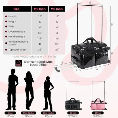 Fanwoli 23" Rolling Dance Bag with Garment Rack, 4-Wheel Competition Duffel - color: Sparkling Black