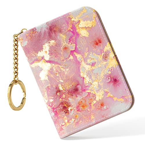 Credit Card Holder, Small RFID Card Wallet for Women, Slim Leather Wallet - color: Gold Pink Marble