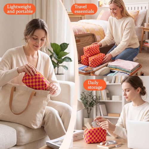 Gilprop 8 Pcs Checkered Makeup Bag Small Cosmetic Pouch Bulk,Red Orange - color: Red Orange