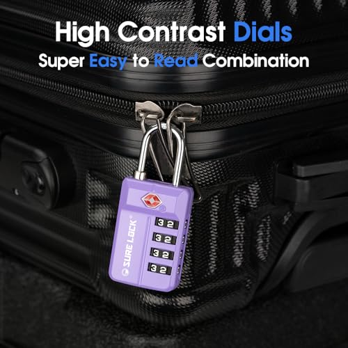 SURE LOCK TSA-Approved 4-Digit Resettable Combination Luggage Lock with Open Alert, Easy-Read Dials - for Luggage, School Lockers, Gym, Office, Toolbox & Security Cases (Purple 2 Pack) - color: PURPLE 2PACK